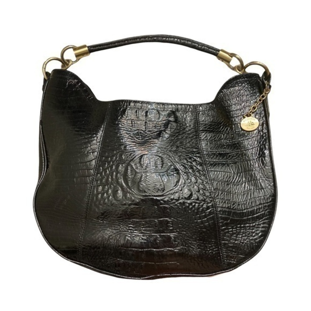 Brahmin Carmela black shiny patent leather embossed hobo shoulder bag
